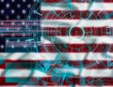 cyber target security on intentionally blurred United States flag